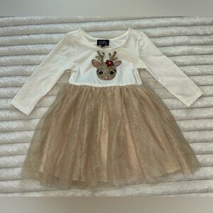 NWOT lilt Toddler Girl Sparkle Reindeer Long-Sleeve Dress- Gold/Cream Size 3T